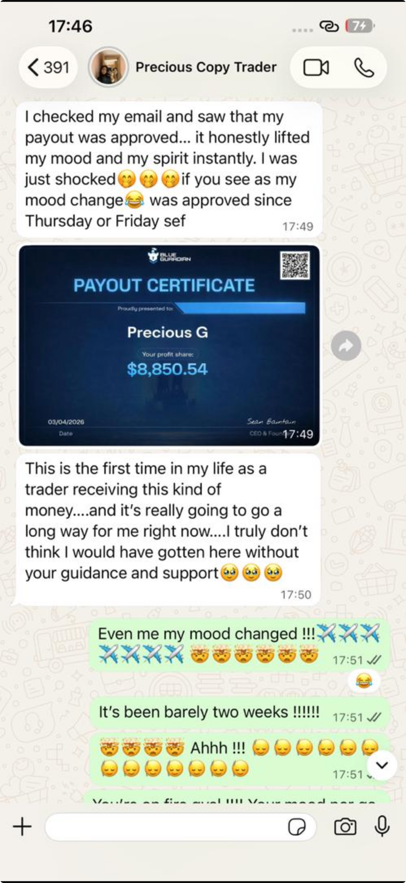 Student message celebrating an approved payout